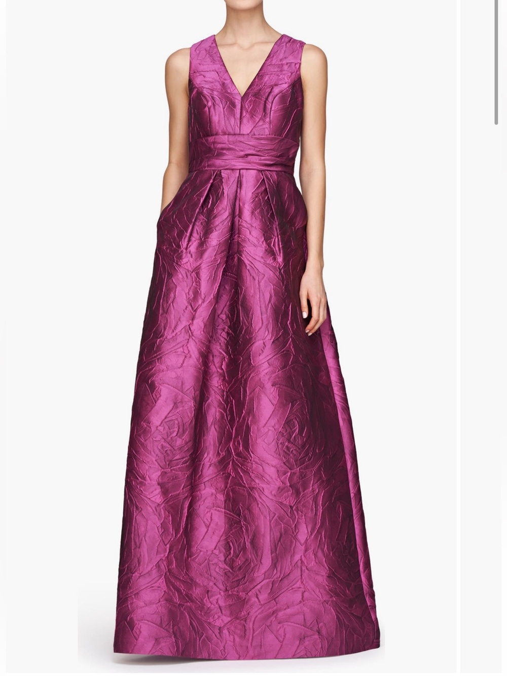 Kay Unger Mariah Gown in Sangria Jacquard Textured Crinkle Pleated Maxi Dress